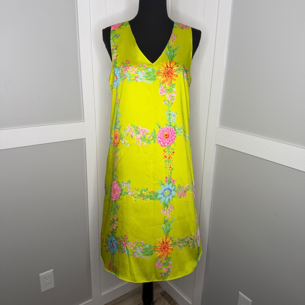 Julie Brown NYC Shift Dress Women 4 Lime Green Floral V-Neck Sleeveless Lined